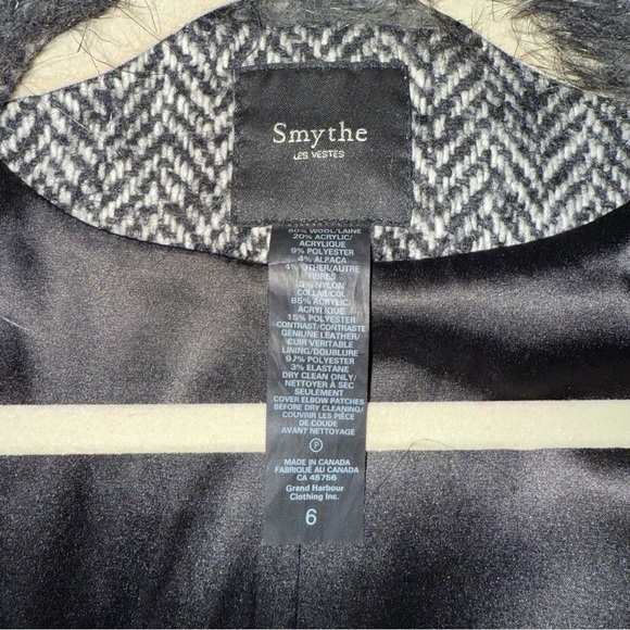 Smythe Herringbone Blazer with leather patches and Faux Fur Collar sz 6 - Picture 9 of 9